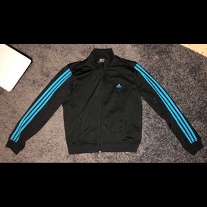 black adidas track jacket with blue/teal stripes